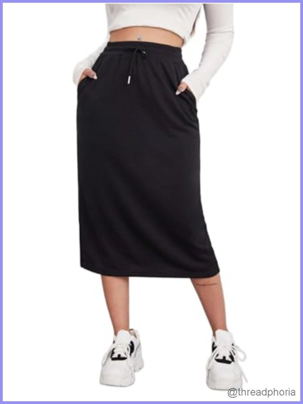 Women's Midi Skirt with Drawstring Waist, Side Pockets and Back Slit